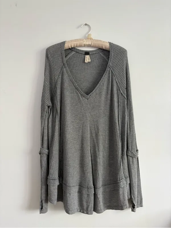 Free People We The Free Grey Thermal Long Sleeve Waffle Knit Oversized Top - Image 3
