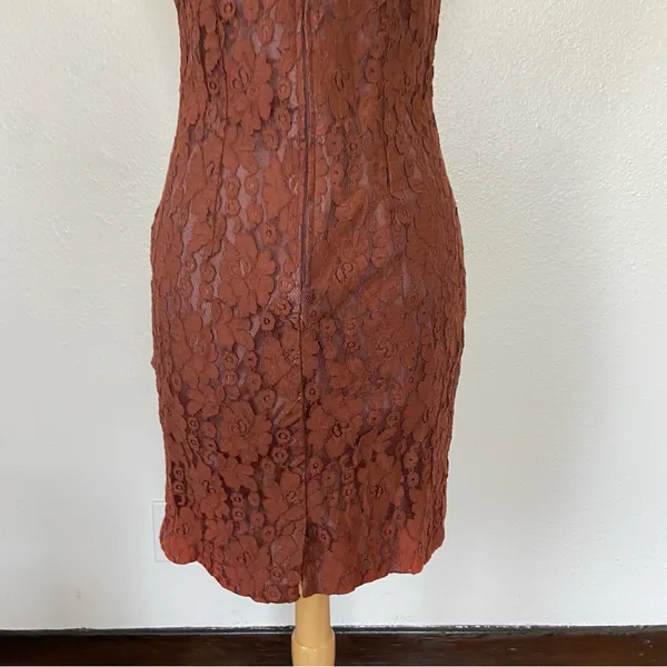Vintage 70s 80s Brown Lace Sleeveless Sheath Cocktail Dress - Image 9