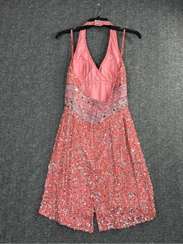 Vintage Y2K Scala Pink Beaded Sequin Halter Mini Dress 100% Silk Size 10 - Image 3