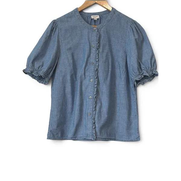J.Crew Re-Imagined Blue Chambray Ruffle Trim Puff Sleeve Button Top Medium - Image 2