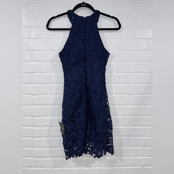 NEW Lulus Love Poem Navy Blue Lace Bodycon Halter Dress - Image 7