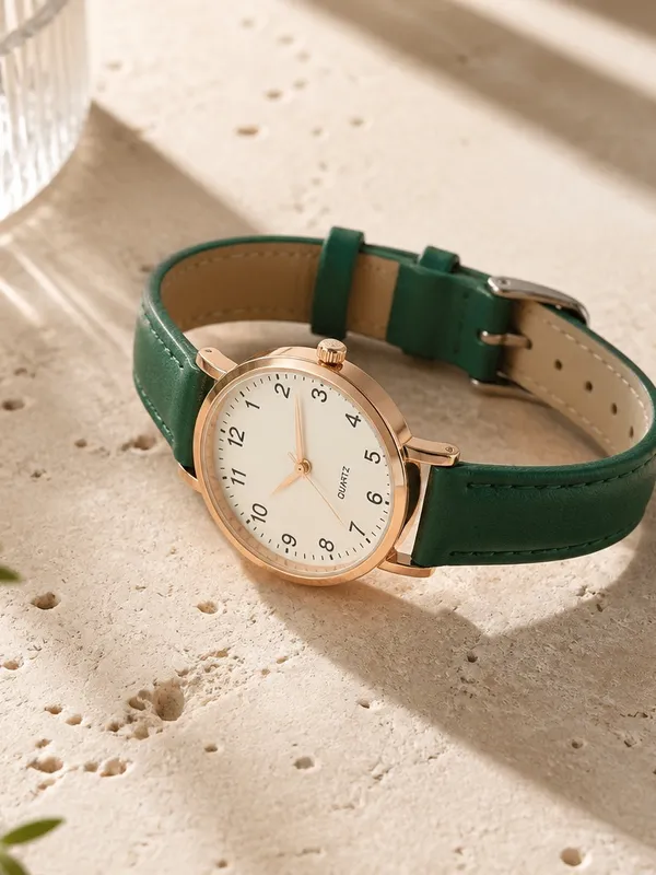 Geneva Green Leather Band w/ Gold Trim Quartz Wrist Watch Adjustable Band - Image 3