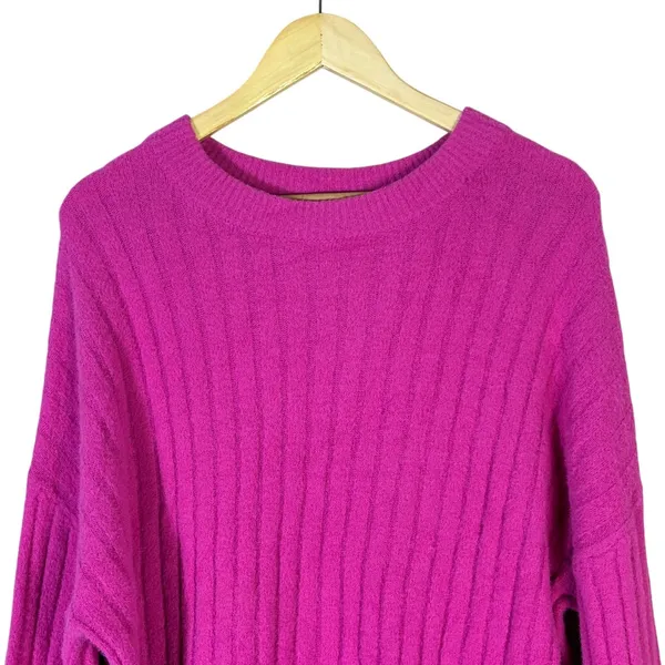 Aerie Ribbed Knit Pullover Magenta Pink Split Cuff Relaxed Sweater Size XS - Image 3