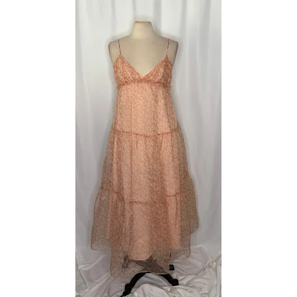 ZARA Organza Pink Peach Floral Maxi Dress Tiered Sundress Summer Vacation Medium - Image 2