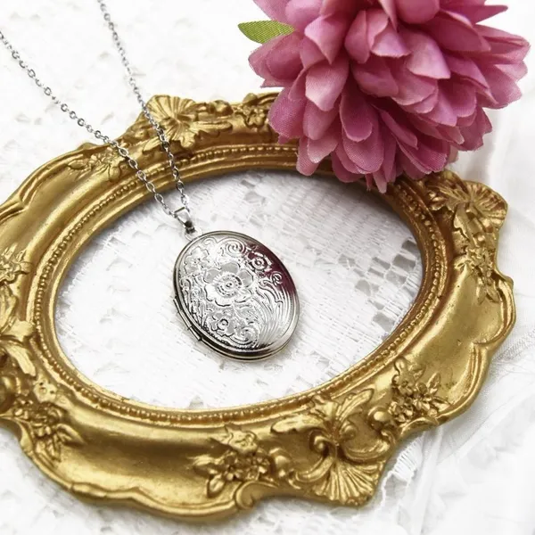 Floral Design Oval Locket Necklace Silver - Image 6