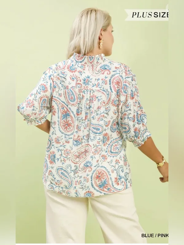 New! Umgee Plus Size Floral Paisley V-Neck Peasant Top - Blue/Pink Size X Large - Image 3
