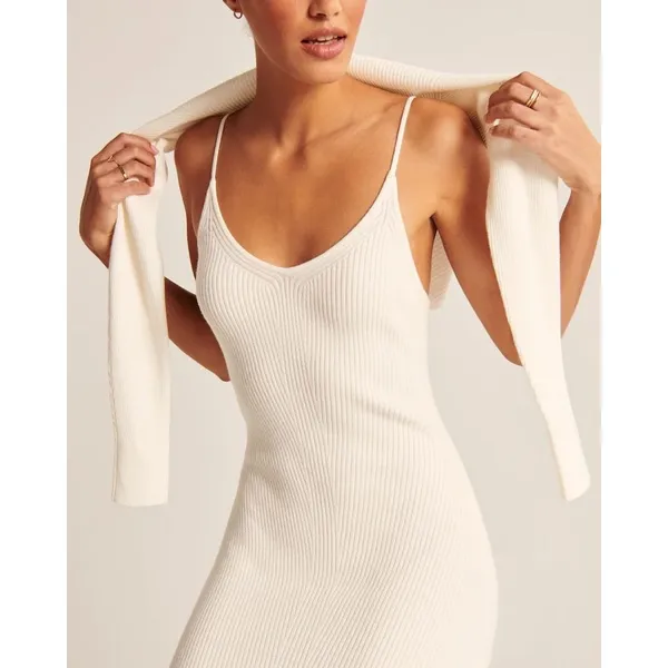 Abercrombie & Fitch Slip Midi Sweater Dress Size XL V-Neck Spaghetti Strap White - Image 15