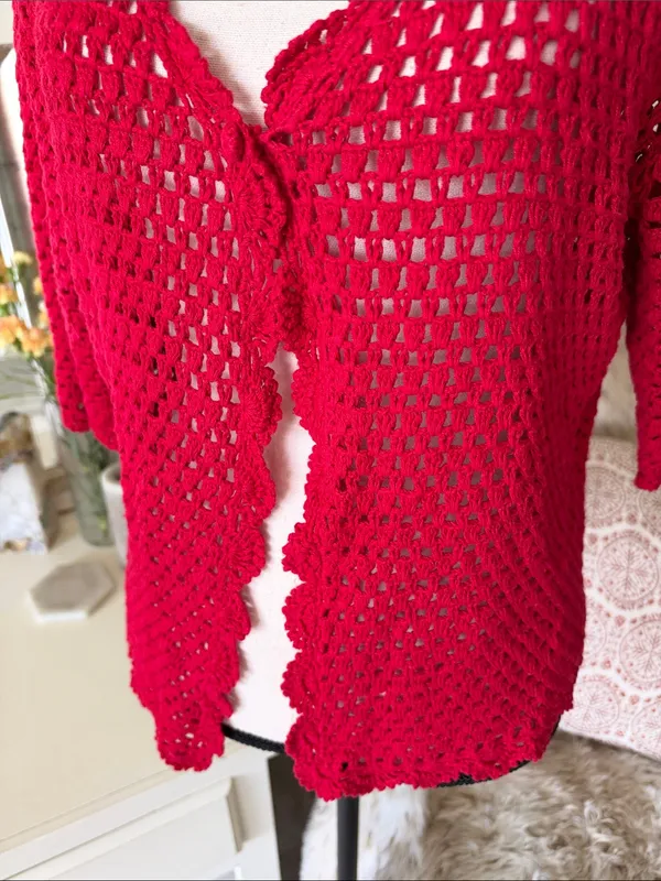 Norm Thompson red linen cotton, crochet knit, 3/4 sleeve sweater cardigan XL - Image 4