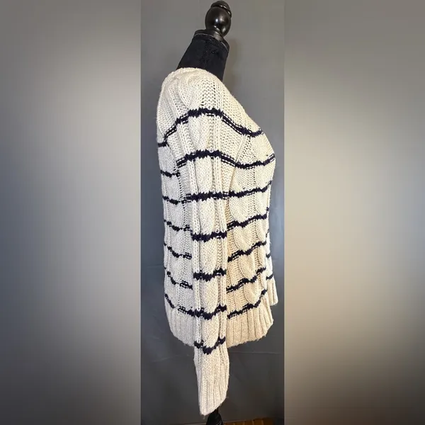 J. Jill Cream & Navy Striped Crew Pullover Preppy Cable Knit Raglan Sweater XS - Image 3