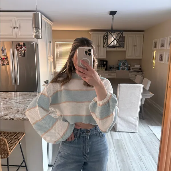 KITTENISH Blue Cream Striped Cropped Knit Sweater Women’s Small - Image 2