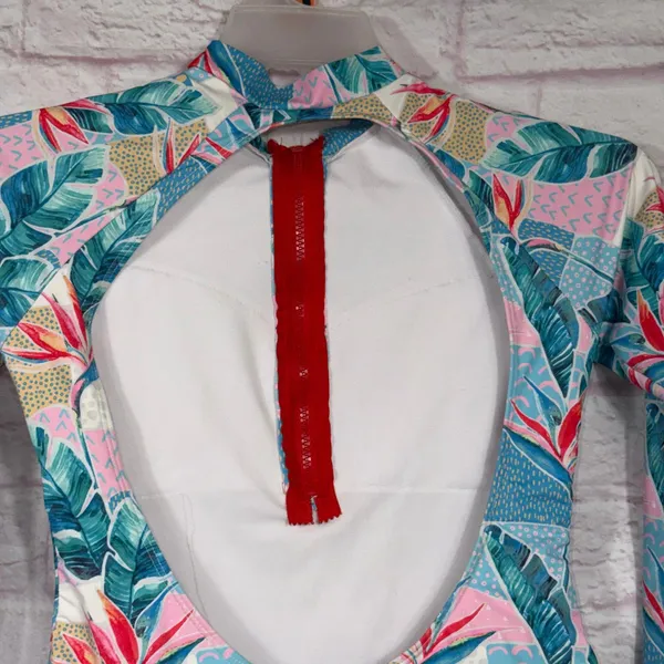 Tropical Print Medium Long Sleeve One-Piece Swimsuit - Image 7