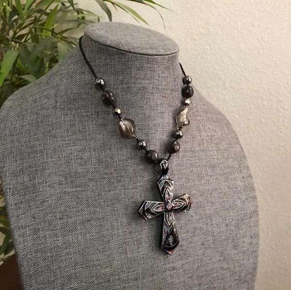 Y2K Whimsygoth Gothic Black silver multicolored beaded Large cross necklace pendant charm #boho #hippie #indie #whimsigoth #festival - Image 2