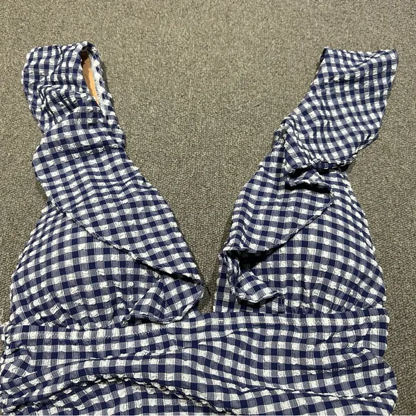 NWT J.Crew Gingham Ruched Ruffle One-Piece Swimsuit Womens Size 12 Blue White - Image 4