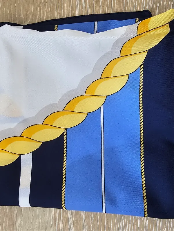 Vintage Nautical Square Scarf Gold Rope Link Navy Blue Sky Blue White 31x31​ - Image 4
