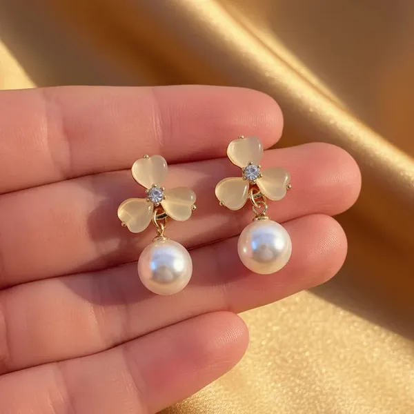 Gold Floral Pearl Drop Earrings - Image 4