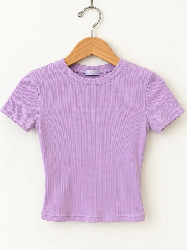 SKIMS Lavender Ribbed Fitted Crewneck Cropped Top XS Stretch Short Sleeve Lounge - Image 3
