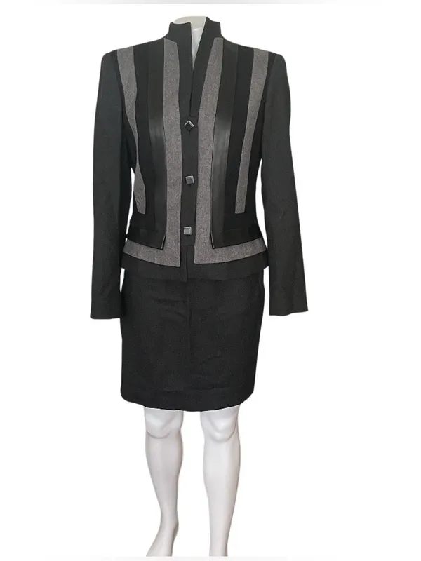 ALBERTO MAKALI Skirt Suit Worsted Wool Leather Trim Size 6 Made In USA VINTAGE - Image 2