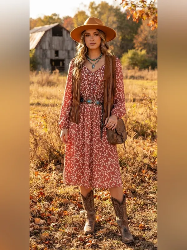 Índigo Rose Rust Floral V-Neck Midi Dress with Long Sleeves size L fall ready - Image 4