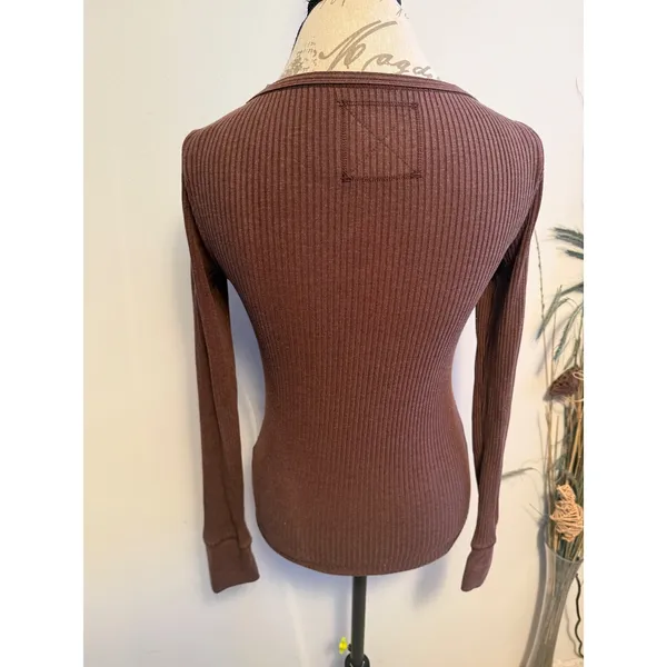 Aerie Womens Ribbed Henley Top Brown Long Sleeve‎ V-Neck Button Slim Fit Medium - Image 3