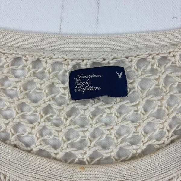 American Eagle Womens M Cream Open Knit Crochet Sweater Ramie Fish Net Boho - Image 4