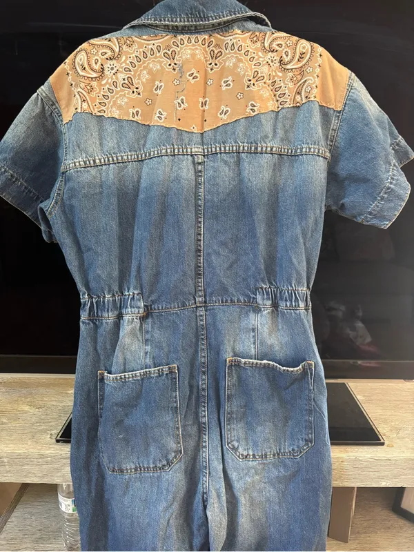 We The Free Blue Denim Short-Sleeve Jumpsuit with Tan Bandana Panels - Image 5