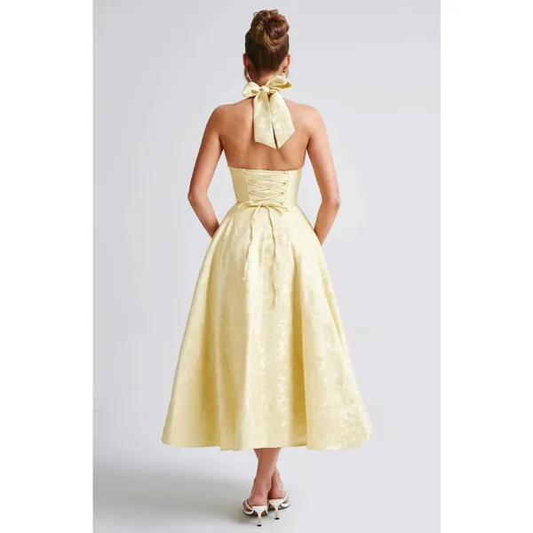 NWT Babyboo Effie Lemon Yellow Floral Jacquard Halter A-Line Midi Dress Size S - Image 5