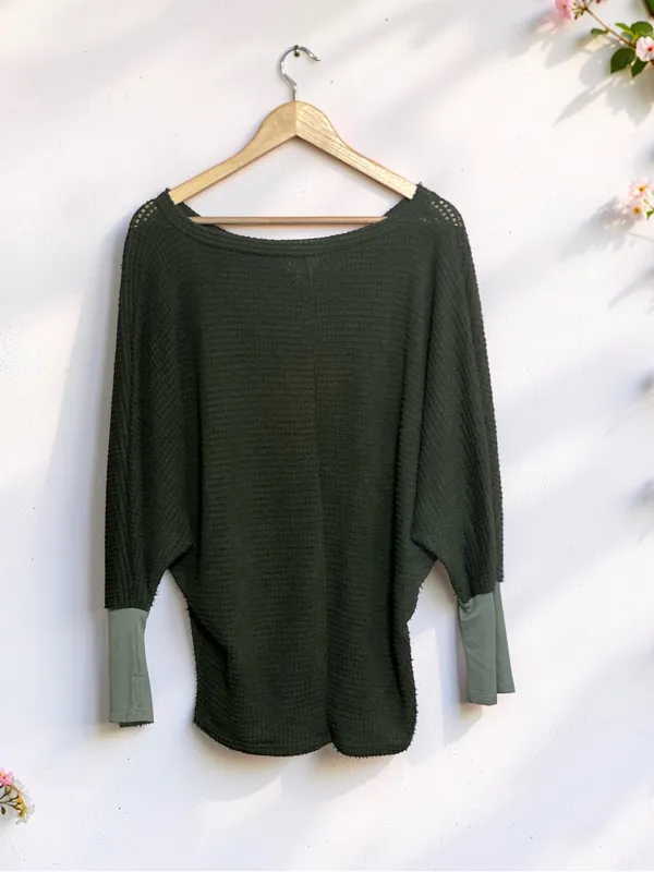 BiBi Olive Green Waffle Knit Dolman Sleeve Top Size Large NWOT - Image 11