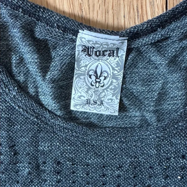 vocal USA charcoal gray knit black short sleeve tunic lace studded bling large - Image 2