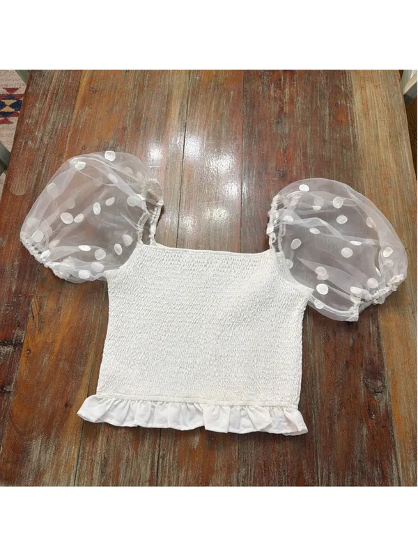 idem ditto White Smocked Puff Sleeve Crop Top NWOT Size Medium Sheer Polka Dot - Image 10