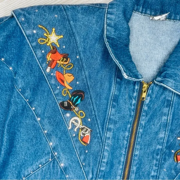 Vintage cotton denim Jean jacket horse / ranch / cowgirl theme embroidered patch - Image 8