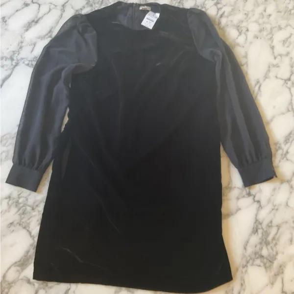 NWT JCrew Black Velvet mini dress sheer sleeves 6 tear above pocket needs repair - Image 6