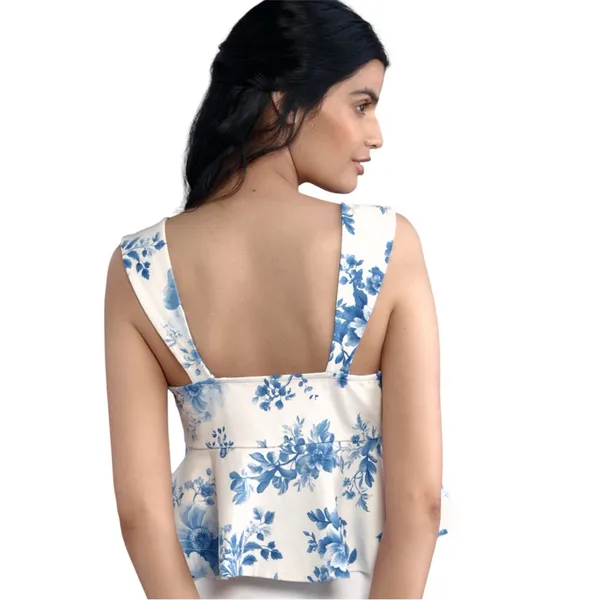 Anthropologie Maeve Square-Neck Peplum Blue and‎ White Fitted Crop Top Size L - Image 2