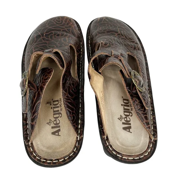 Alegria Rose Embossed Brown Leather Clogs 38 ALG-532 - Image 4