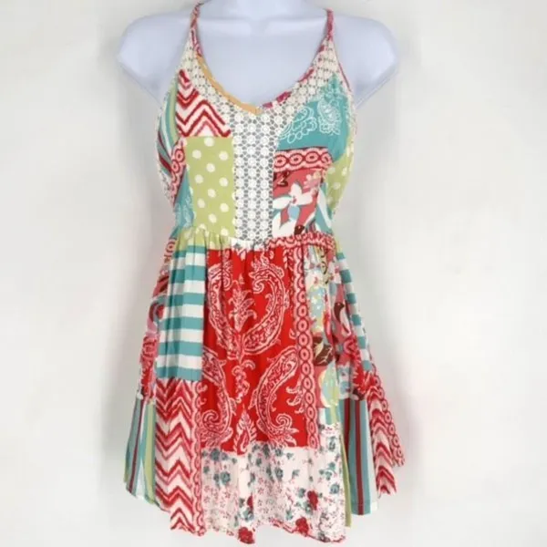 Angel Biba Patchwork Colorful Lace Trim Mini Sundress Size Small Open Back Boho‎ - Image 5