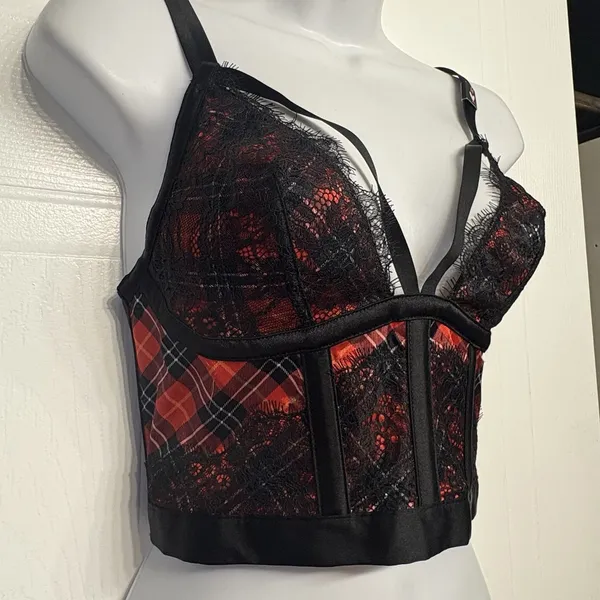 Victorias Secret Med Red Black Plaid Lace Satin Bustier‎ Longline Bra Very Sexy - Image 6
