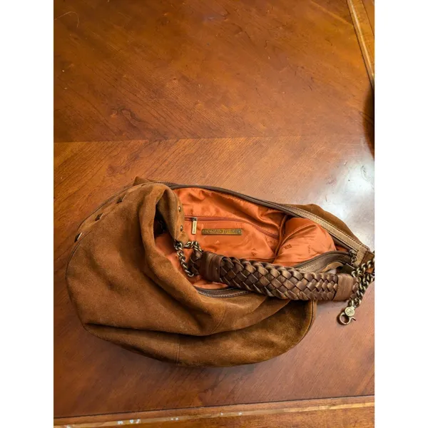 Donald Pliner Camel Suede/Metallic Cresent Studded Trim Hobo Purse - Image 15