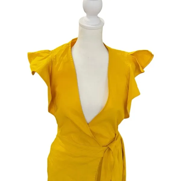 A.L.C. Walker Yellow Linen Blend Wrap Midi Dress Ruffle Sleeve Size 4 - Image 9