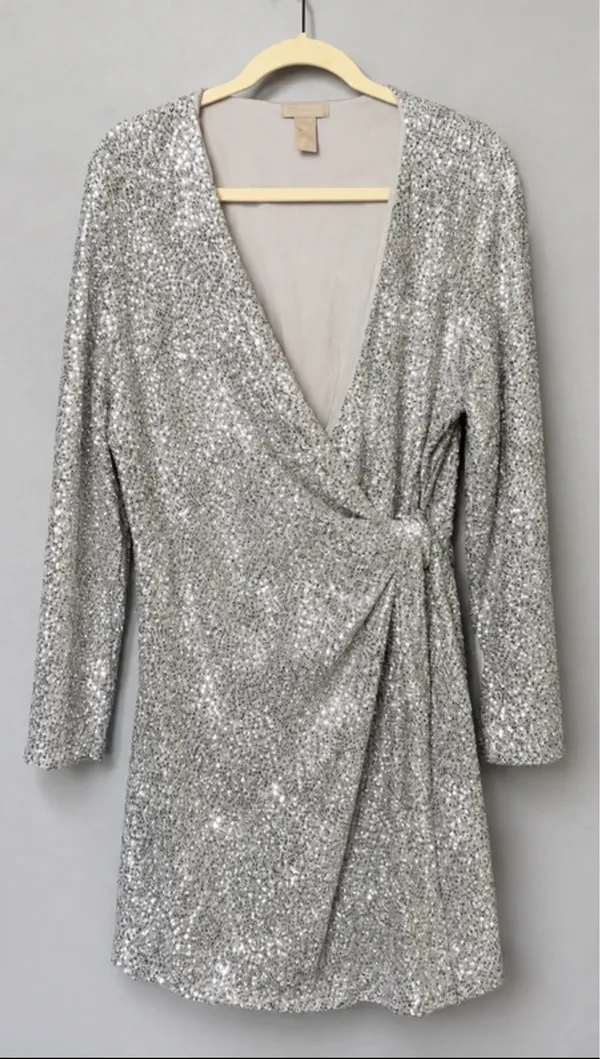H&M Silver Sequin Wrap Dress - Image 3