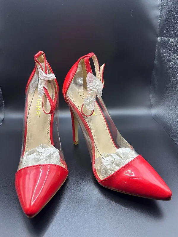 Liliana Red Clear Lucite Ankle Strap Pointed Toe Stiletto Pumps 7.5 Femme Fatale - Image 4