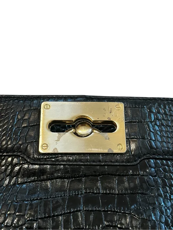 Vintage Ann Taylor Black Croc Embossed Leather Shoulder Bag Brass Hardware 90s - Image 3