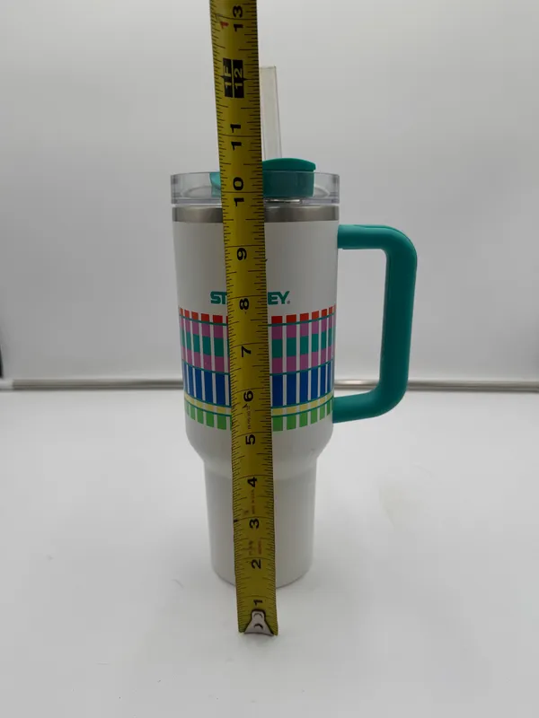 Stanley Quencher H2.0 FlowState 40 Oz Tumbler White Plaid Teal Handle Straw - Image 7