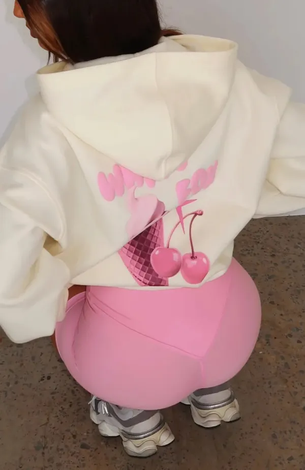 White fox white and pink hoodie sweatshirt oversized cream - Image 4