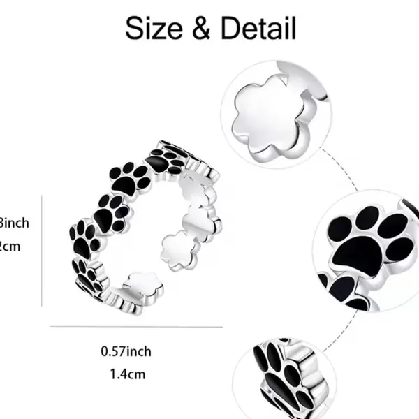 Paw Print Stainless Steel Silver and Black Paw Print Adjustable Ring Size 6-9 - Image 5