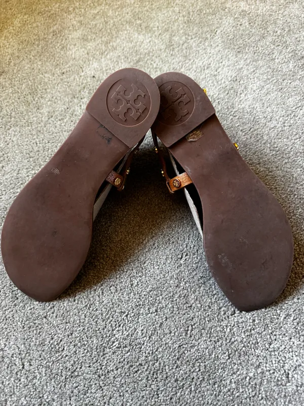 Tan Tory Burch Sandals with Gold Logos - Image 5