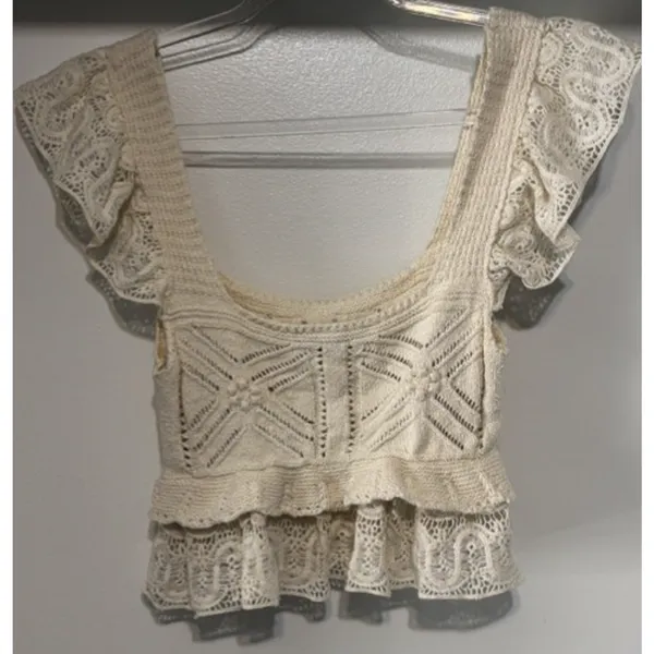 ZARA Women’s S Cream Crochet Knit Lace Ruffle Peplum Top Boho Romantic Festival - Image 2