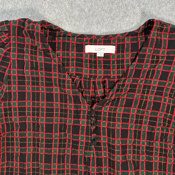 LOFT Shimmer Holiday Plaid Shirred V-Neck Blouse Women's Large 3/4 Sleeve - Image 3