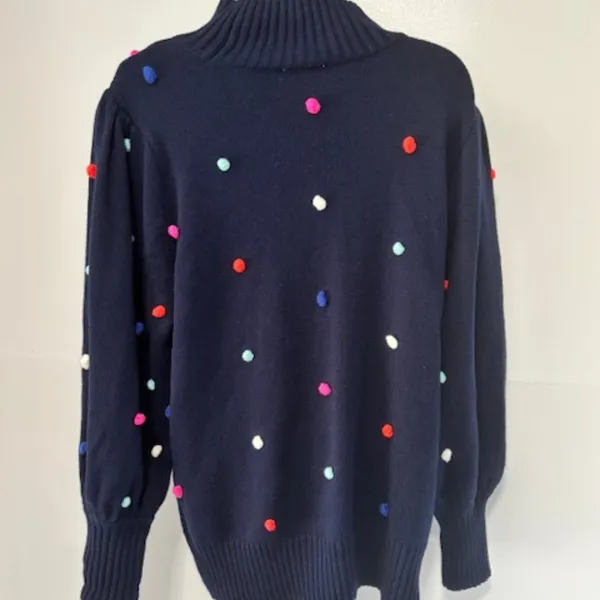Crown & Ivy 1X Navy Turtleneck Sweater Multicolor Pom Pom Knit Long Puff Sleeve - Image 3