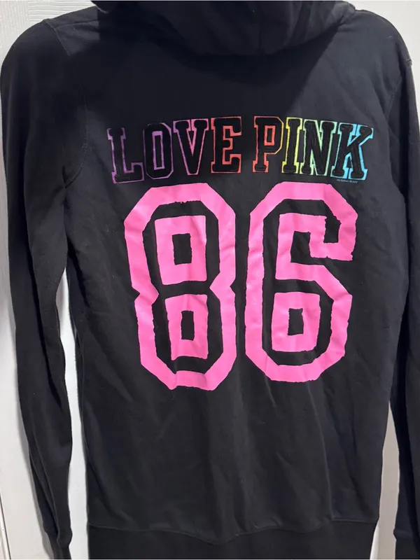 PINK Victoria’s Secret Black Zip Hoodie XS Love Pink 86 Graphic Sweatshirt - Image 2