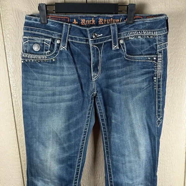 Rock Revival Jen Boot Cut Jeans Womens 31 Stretch Denim Blue Studded Flap Pocket - Image 2