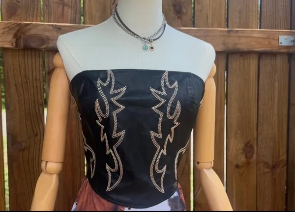 Lucky & Blessed Black Leather Boot Stitch Embroidered Corset - Image 3